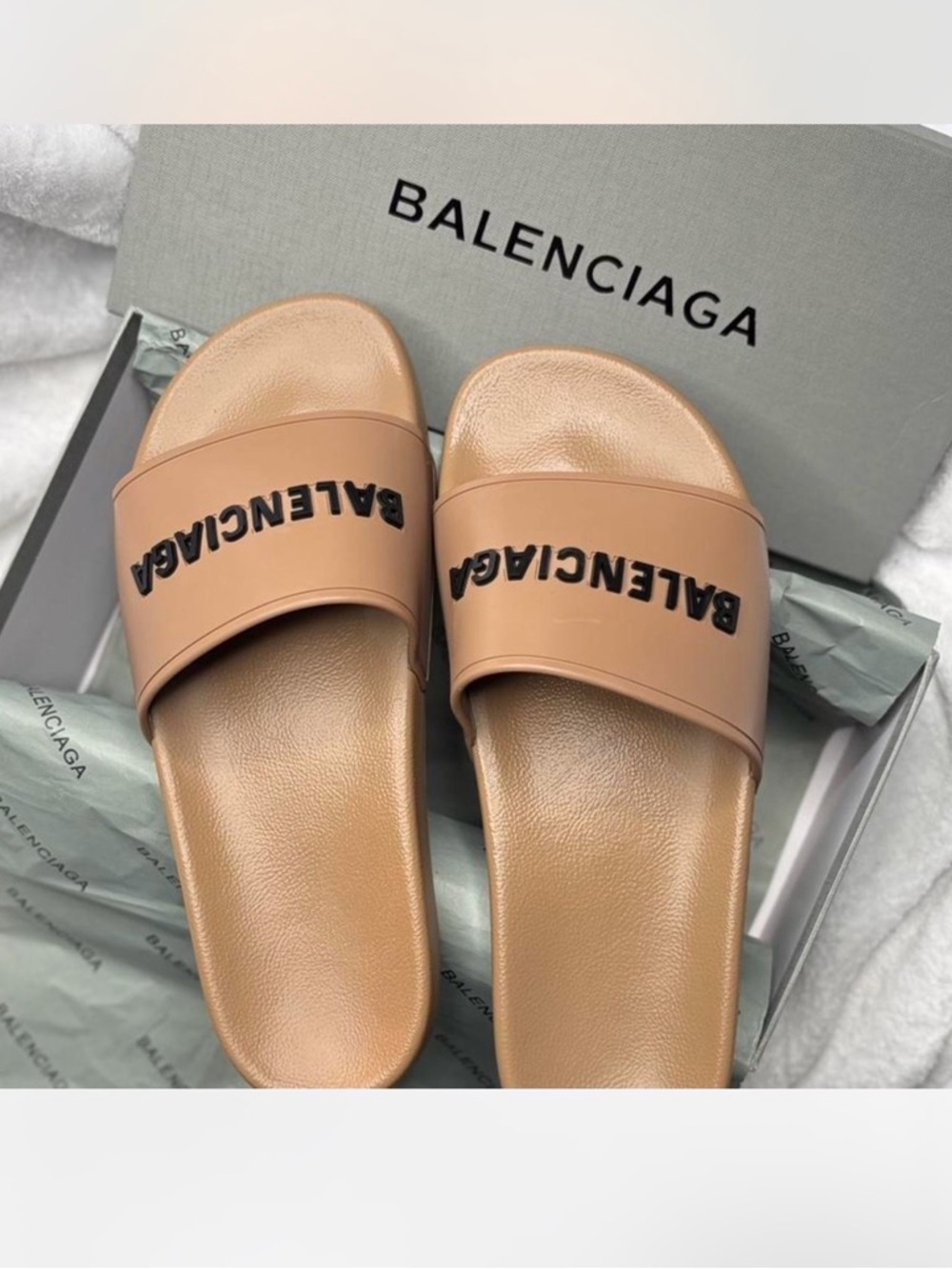 Balenciaga Women’s Tan Slide Sandals with Black Logo Strap